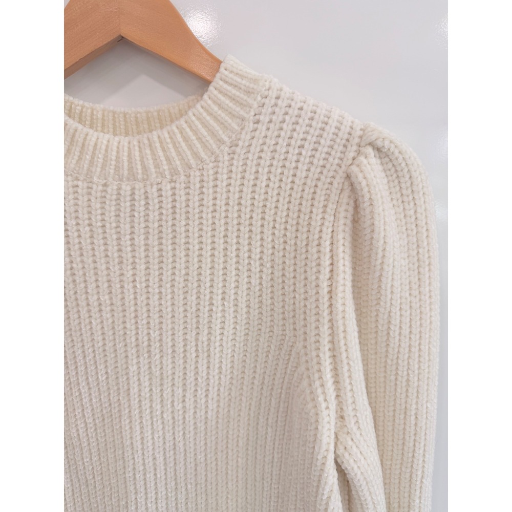 HM White Chenille Puff Sleeve Knit Sweater Ribbed Crewneck Cream S - Picture 2 of 9